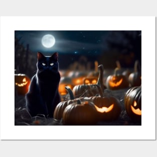 Black cat in pumpkin patch on Halloween night Posters and Art